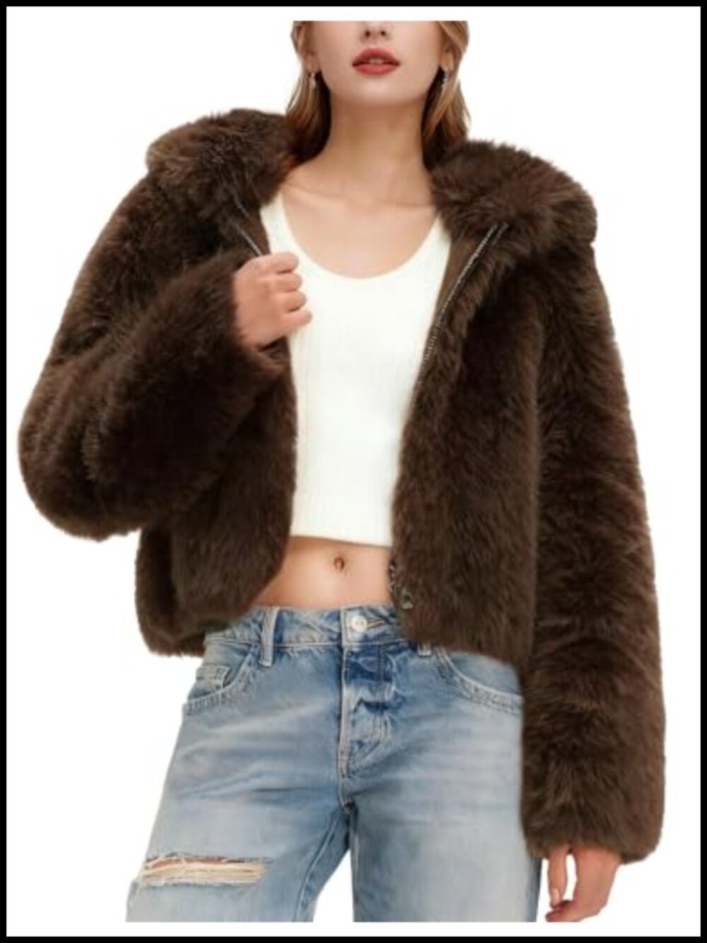 Faux Fur Hooded Cropped Winter Coat Zip Up Fuzzy Jacket